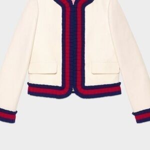 Sonia K Paris jacket blazer white blue red pleated sleeve snap closure T2 M/L